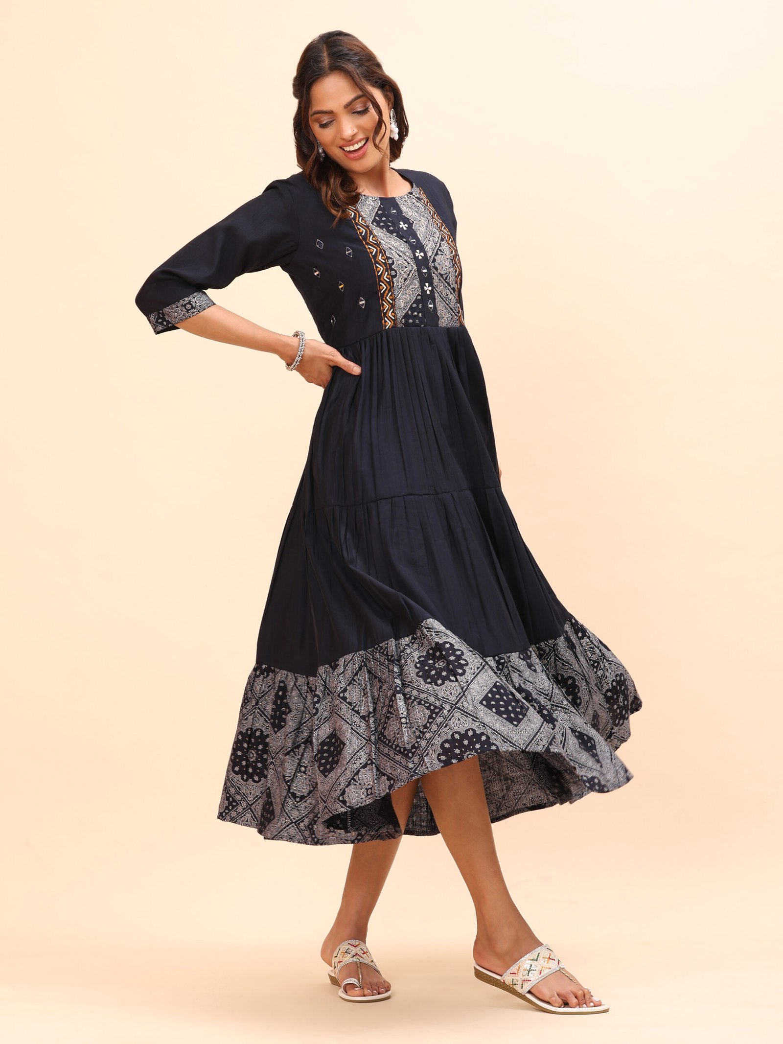 Midnight Charm Printed Cotton Midi Dress - Image 3