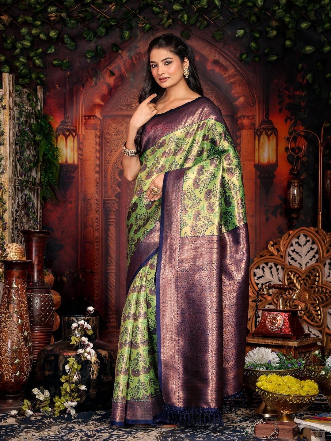 Banarasi Green Crafted Silk Party Wear Saree - Image 8