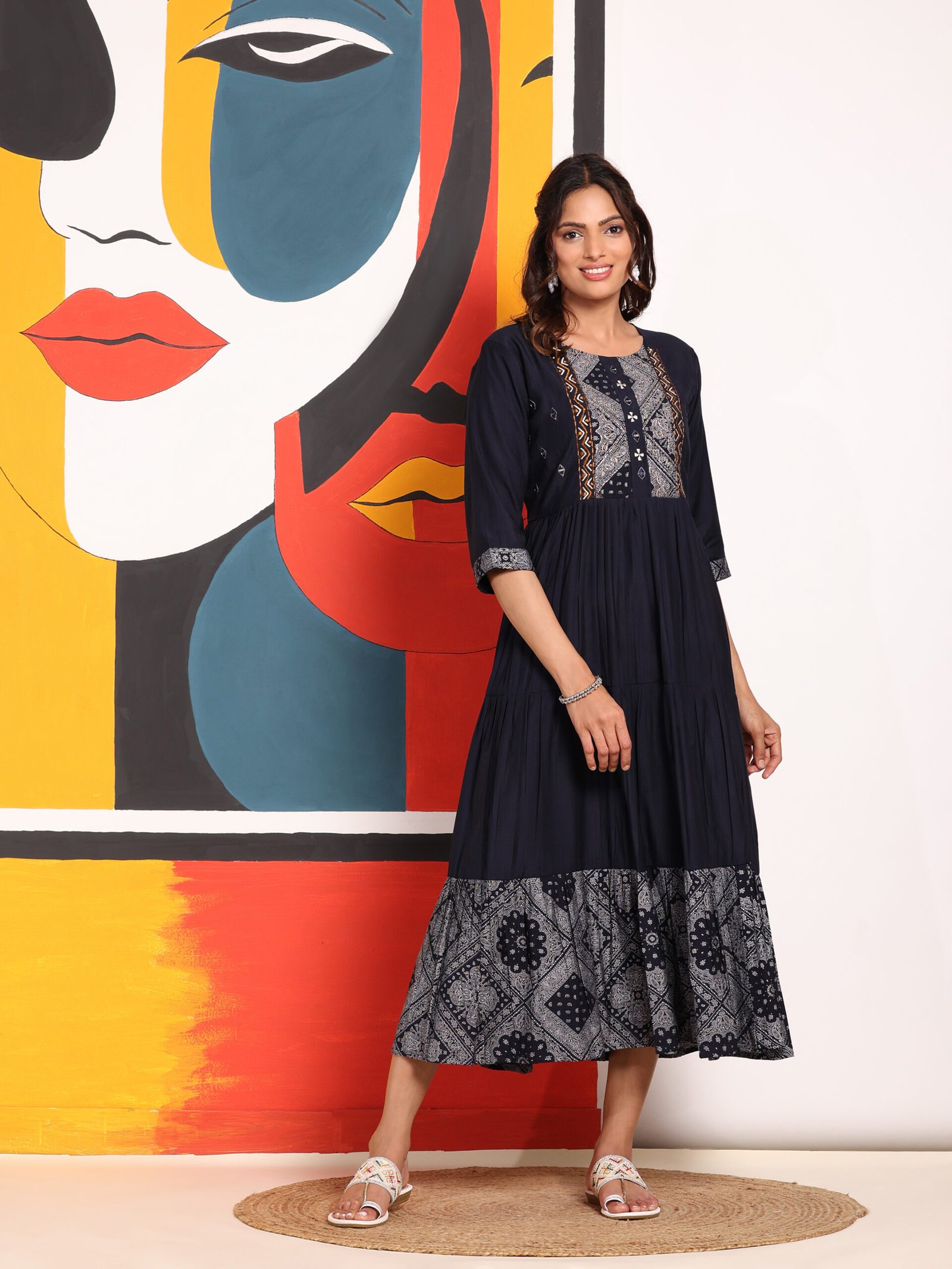 Midnight Charm Printed Cotton Midi Dress