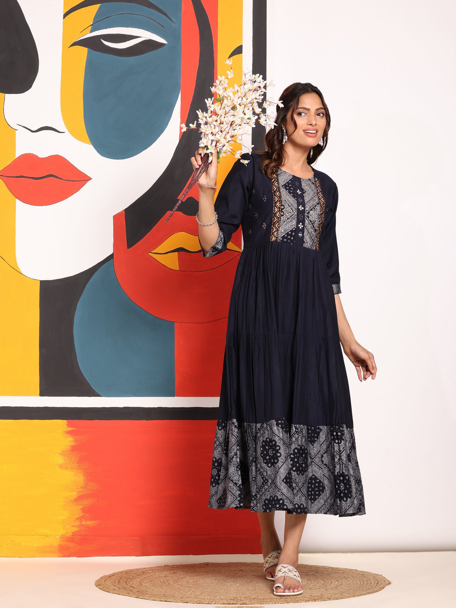 Midnight Charm Printed Cotton Midi Dress - Image 2