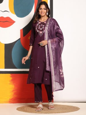 Plum Blossom Embroidered Cotton Kurta Set