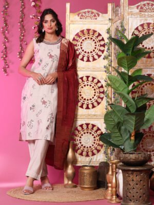 Beige Blossom Silk Kurta with Dupatta