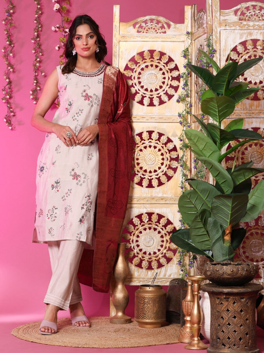 Beige Blossom Silk Kurta with Dupatta