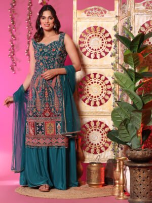 Teal Embroidered Palazzo Suit Set with Net Dupatta