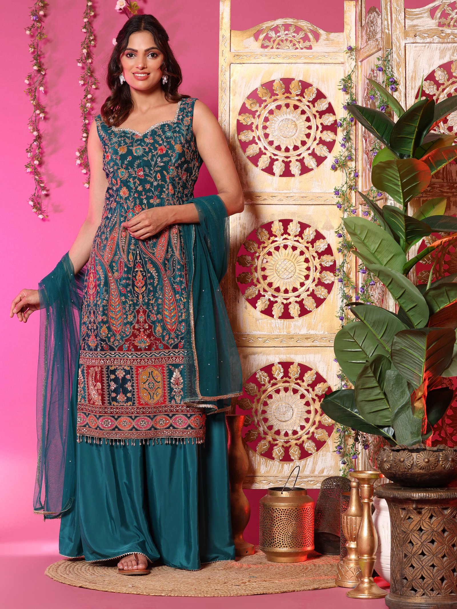 Teal Embroidered Palazzo Suit Set with Net Dupatta