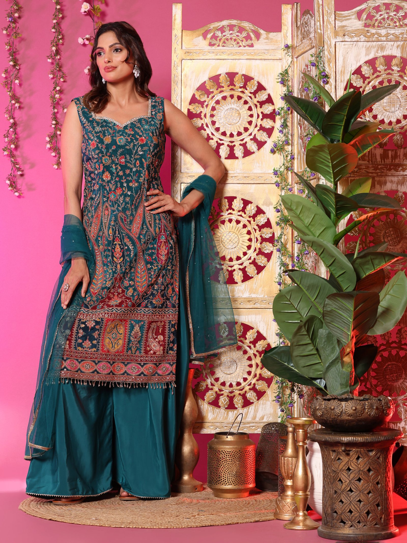 Teal Embroidered Palazzo Suit Set with Net Dupatta - Image 2