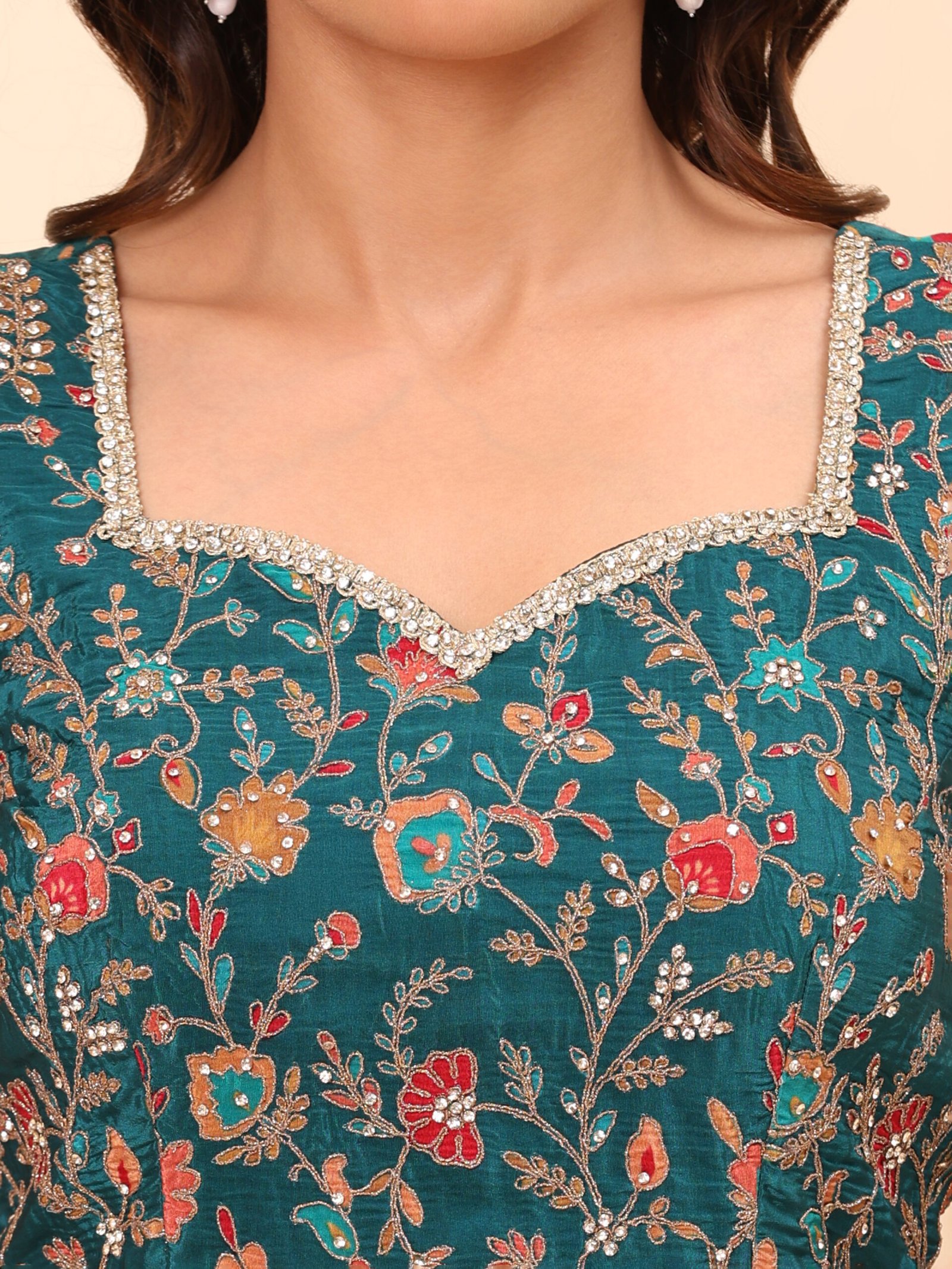 Teal Embroidered Palazzo Suit Set with Net Dupatta - Image 6