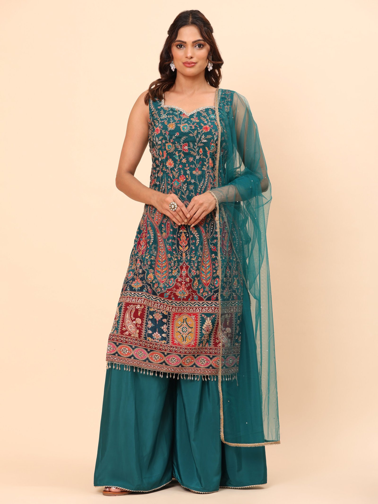 Teal Embroidered Palazzo Suit Set with Net Dupatta - Image 3