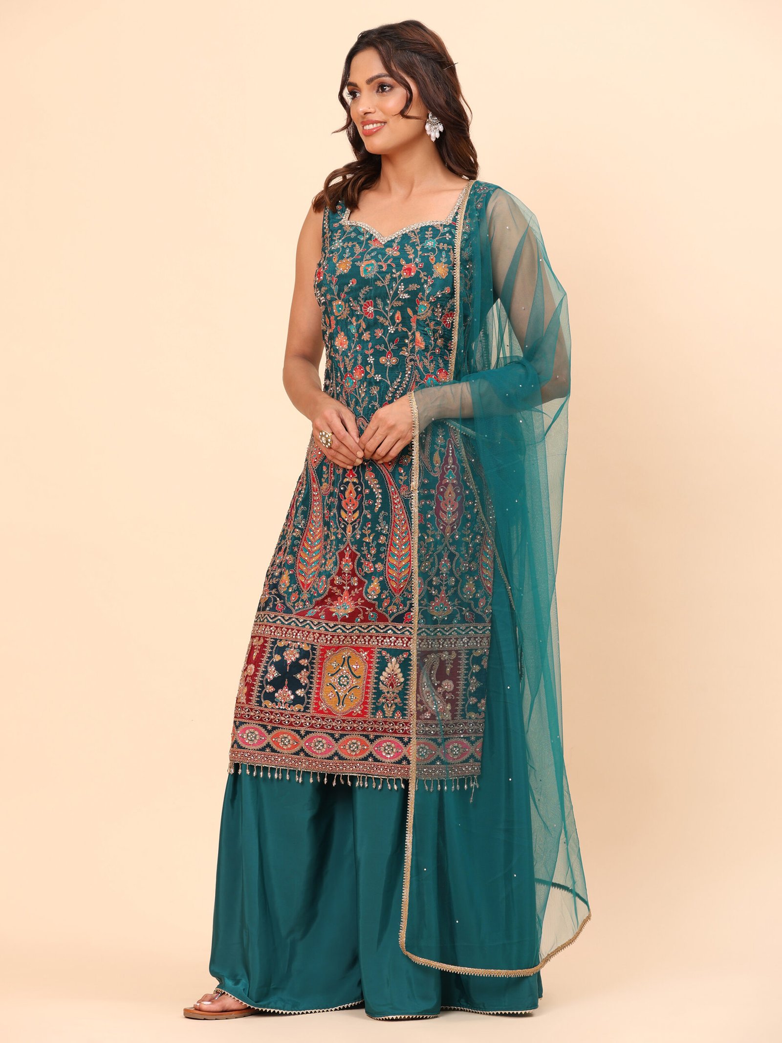 Teal Embroidered Palazzo Suit Set with Net Dupatta - Image 4