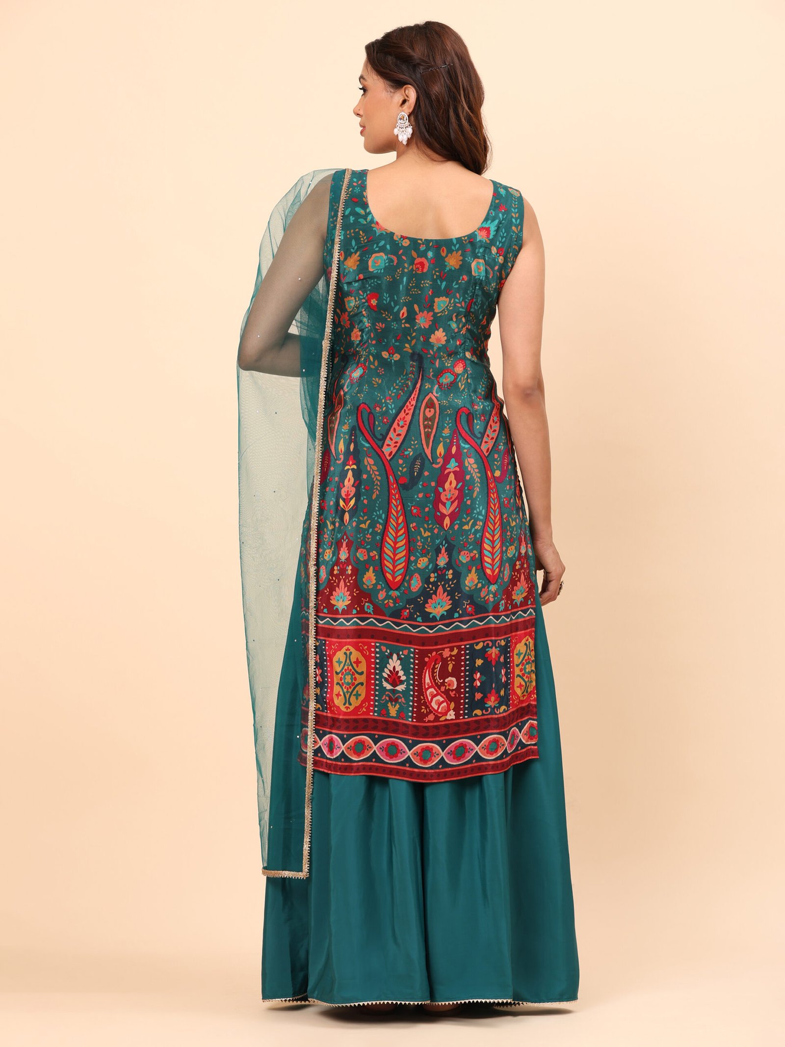 Teal Embroidered Palazzo Suit Set with Net Dupatta - Image 5