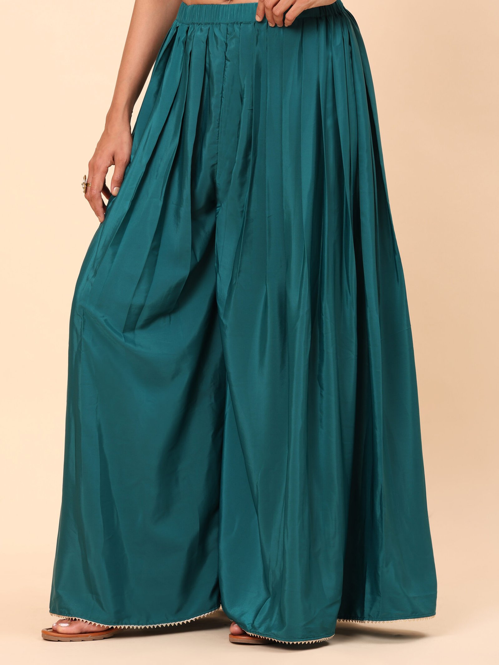 Teal Embroidered Palazzo Suit Set with Net Dupatta - Image 7