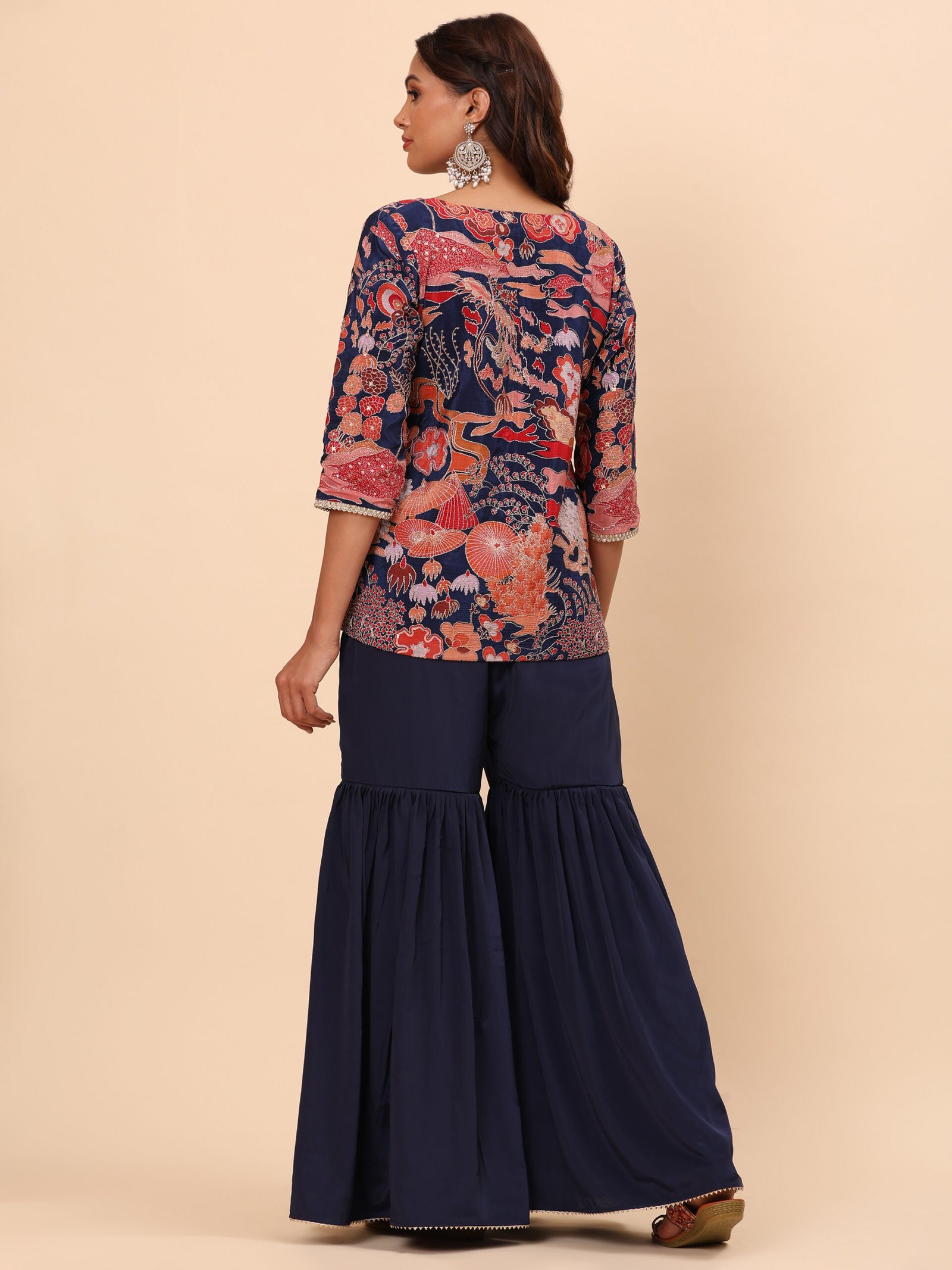 Navy Blue Printed Jacket Co-ord Set with Flared Pants - Image 10