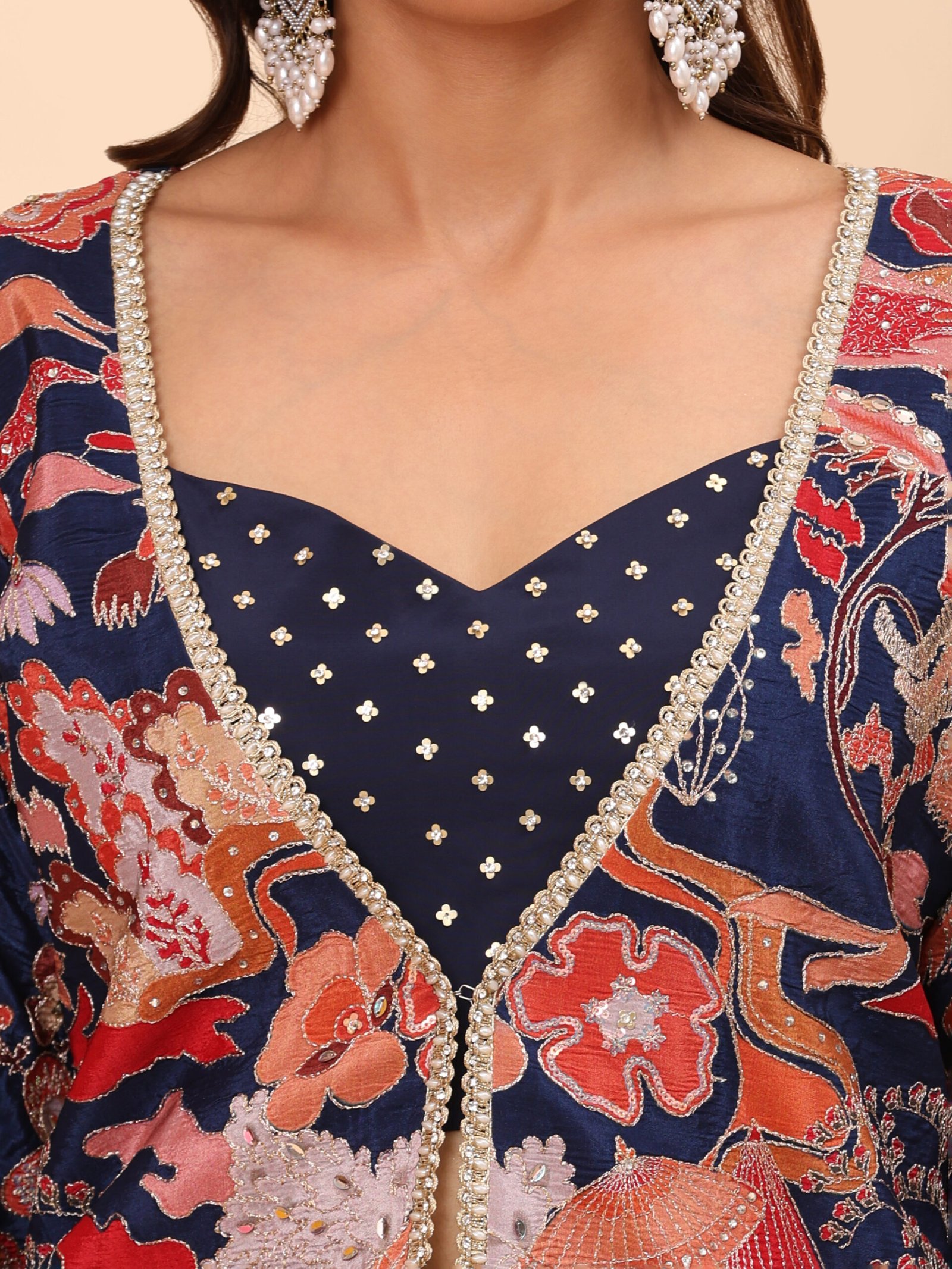 Navy Blue Printed Jacket Co-ord Set with Flared Pants - Image 6