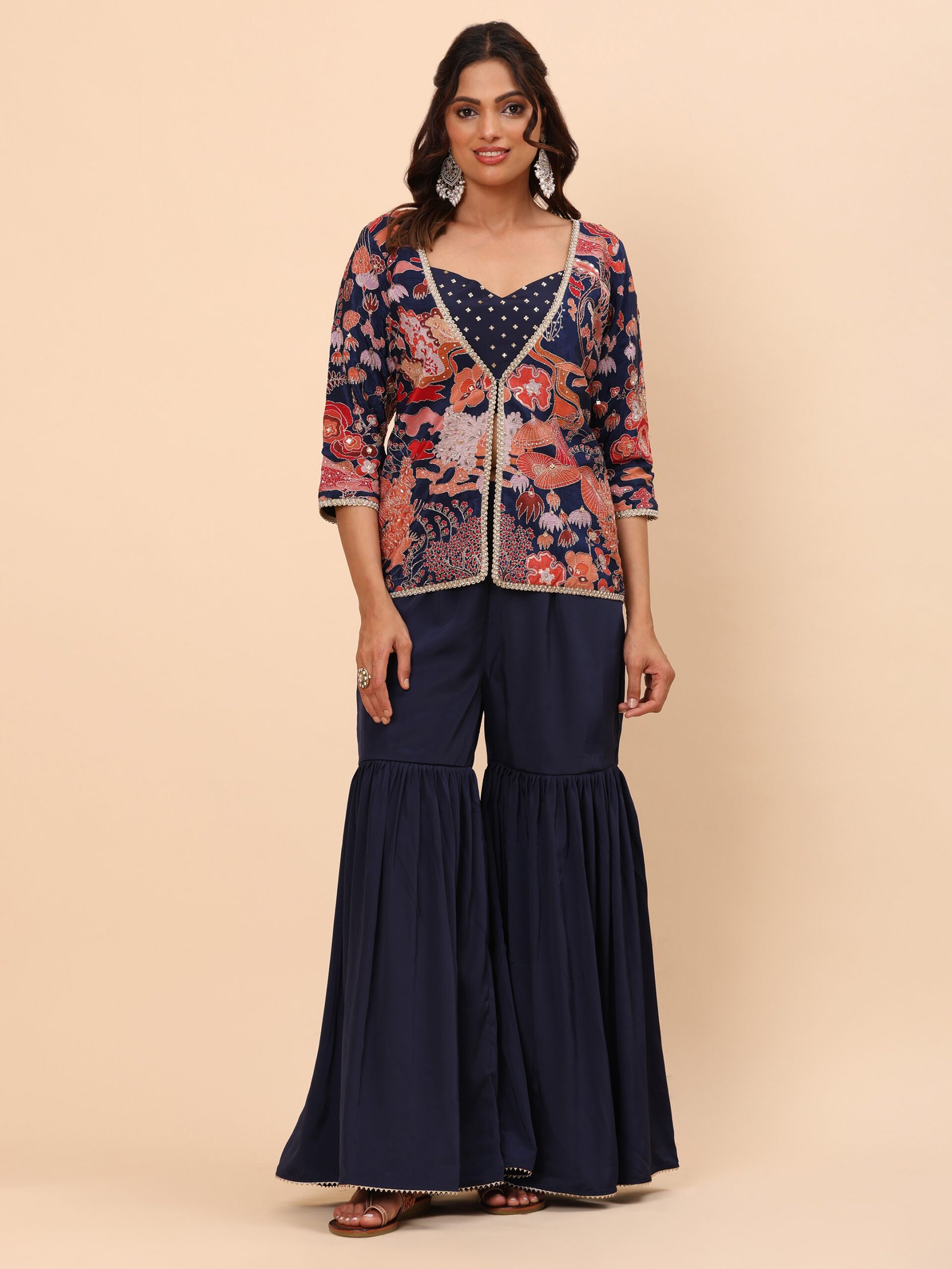 Navy Blue Printed Jacket Co-ord Set with Flared Pants - Image 5