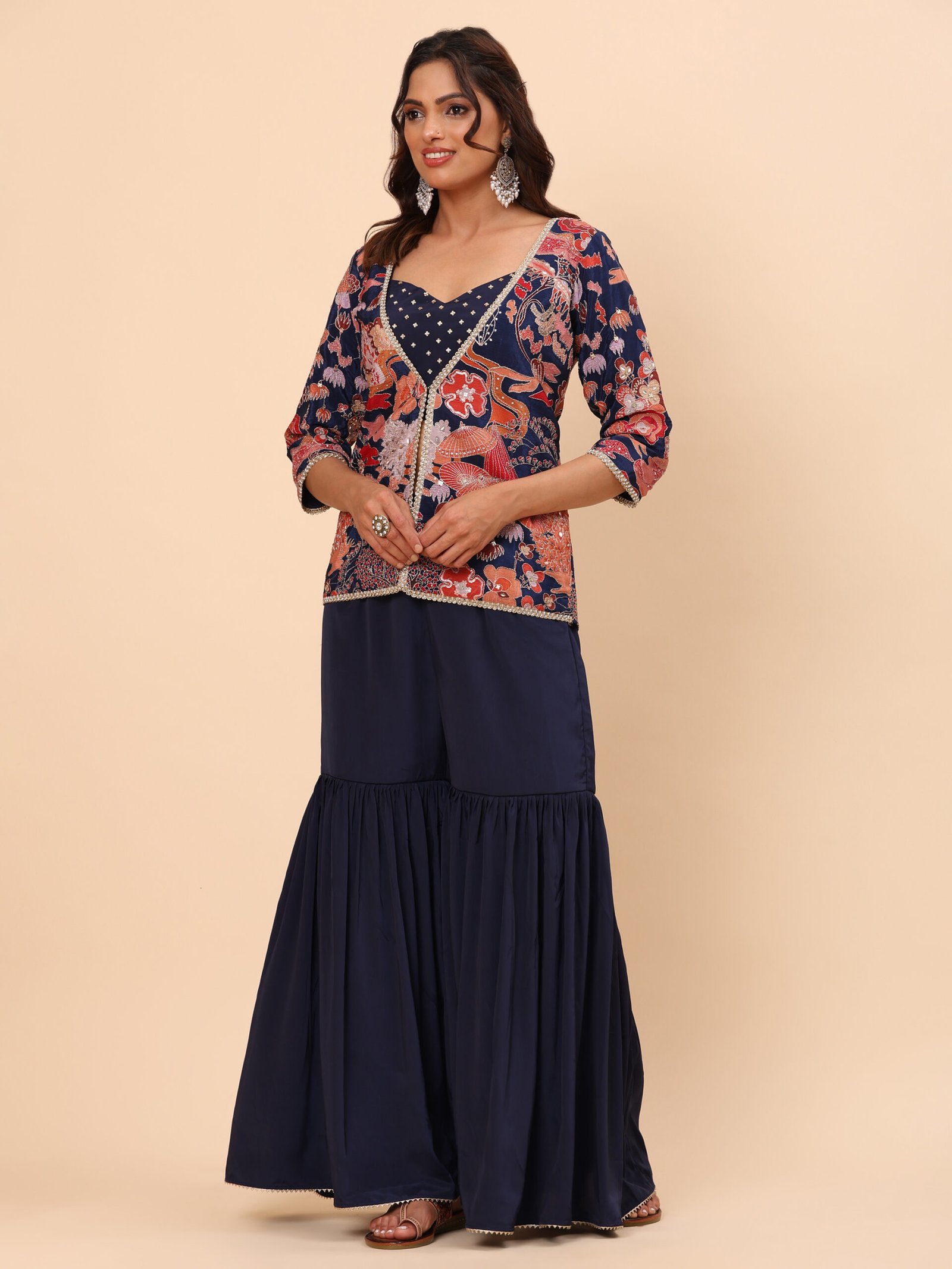 Navy Blue Printed Jacket Co-ord Set with Flared Pants - Image 4