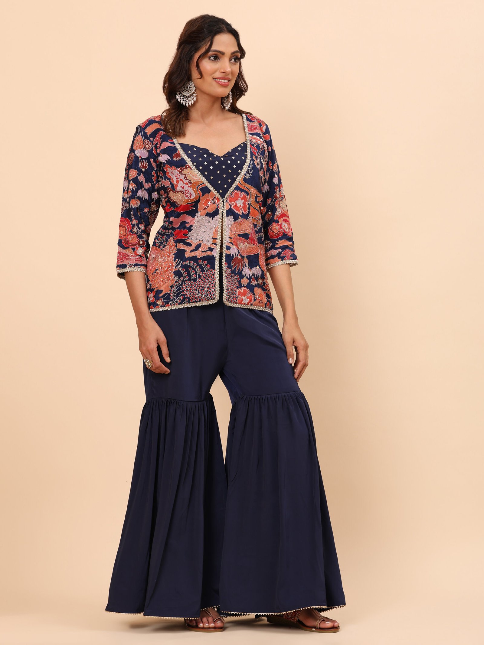 Navy Blue Printed Jacket Co-ord Set with Flared Pants - Image 3