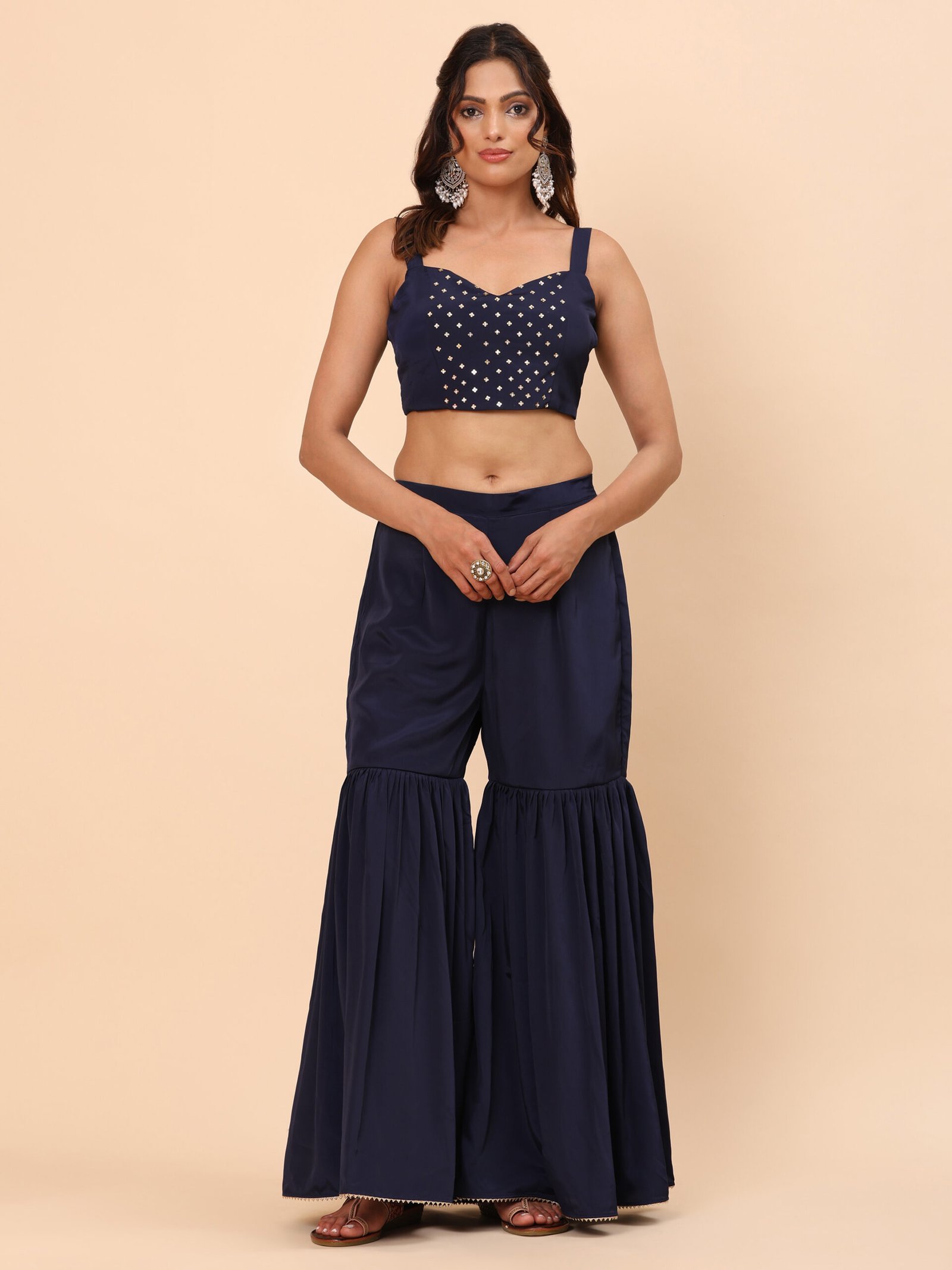 Navy Blue Printed Jacket Co-ord Set with Flared Pants - Image 8