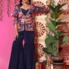 Navy Blue Printed Jacket Co-ord Set with Flared Pants