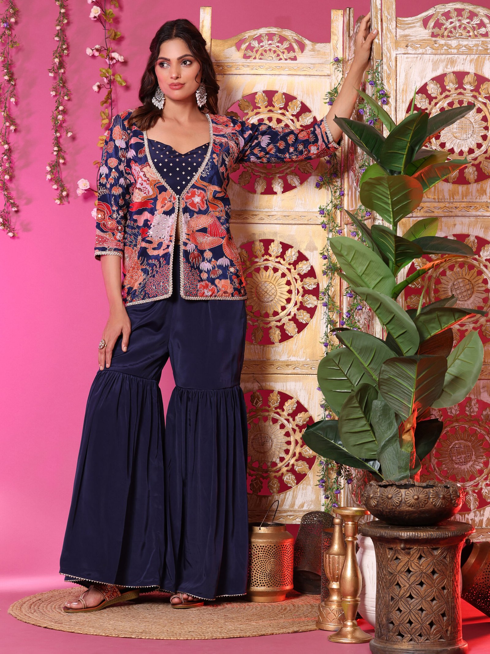 Navy Blue Printed Jacket Co-ord Set with Flared Pants