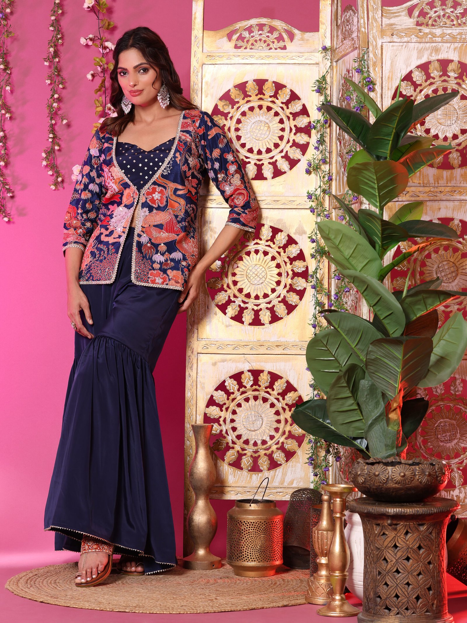 Navy Blue Printed Jacket Co-ord Set with Flared Pants - Image 2