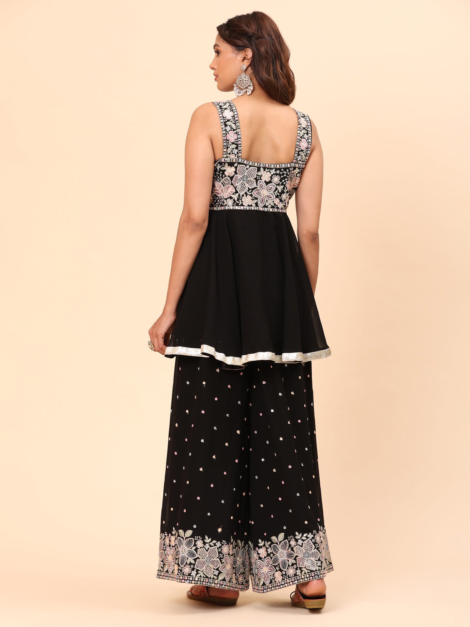 Black Embroidered Peplum Top with Palazzo Set - Image 5