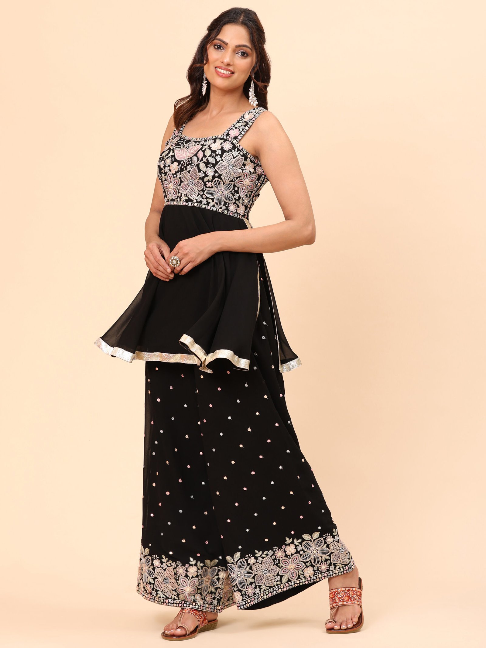 Black Embroidered Peplum Top with Palazzo Set - Image 4
