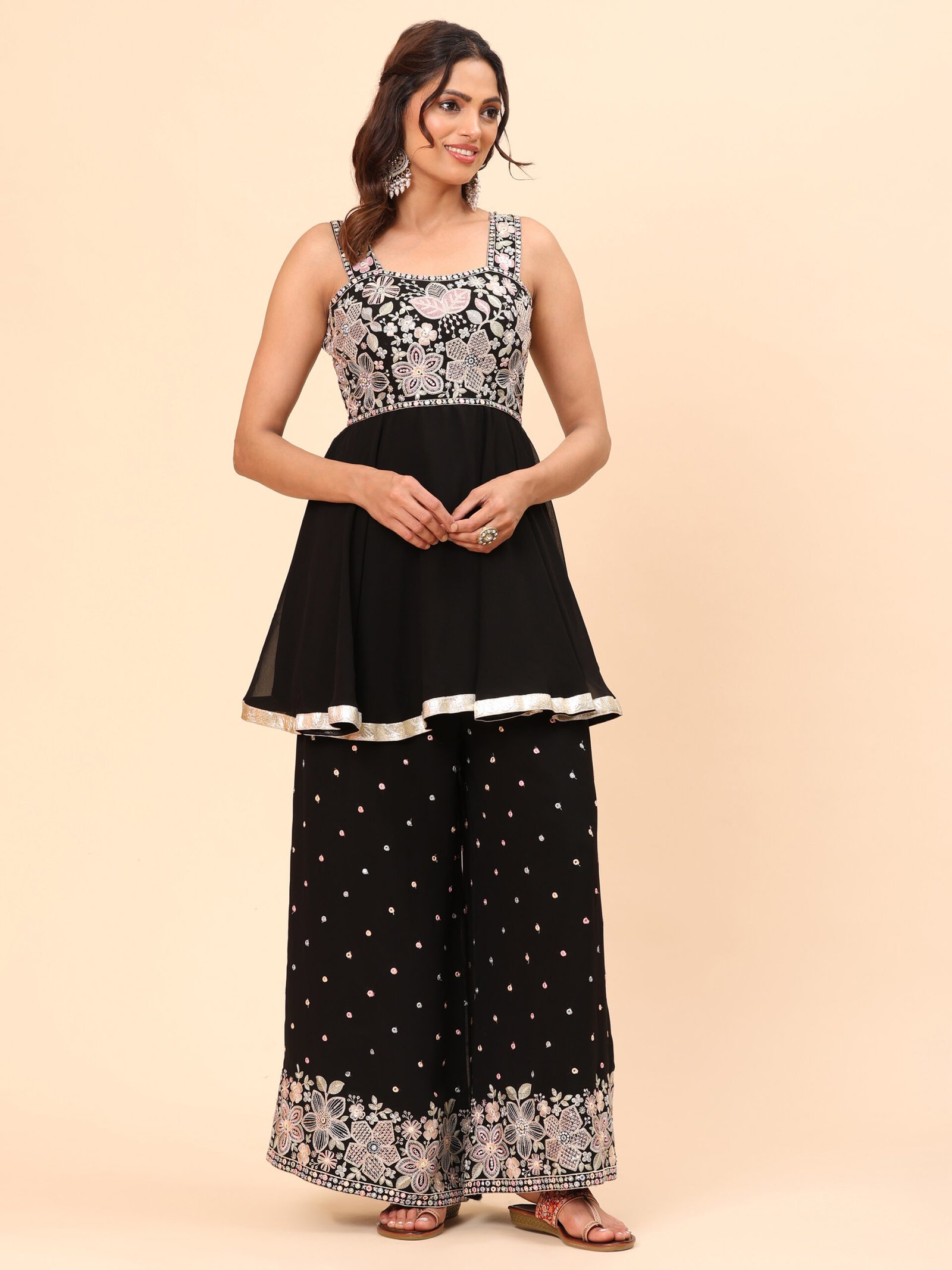 Black Embroidered Peplum Top with Palazzo Set - Image 9