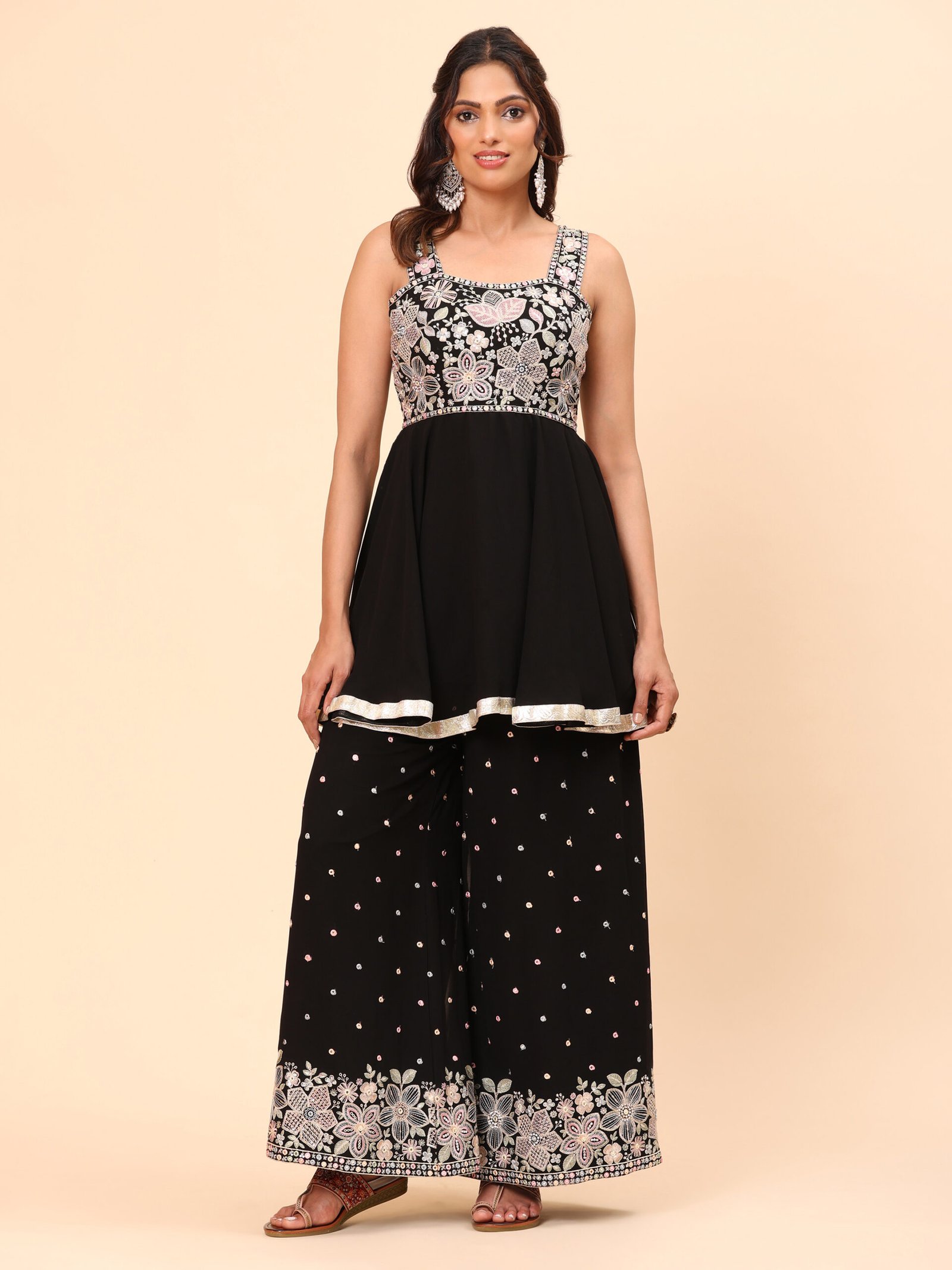 Black Embroidered Peplum Top with Palazzo Set - Image 3