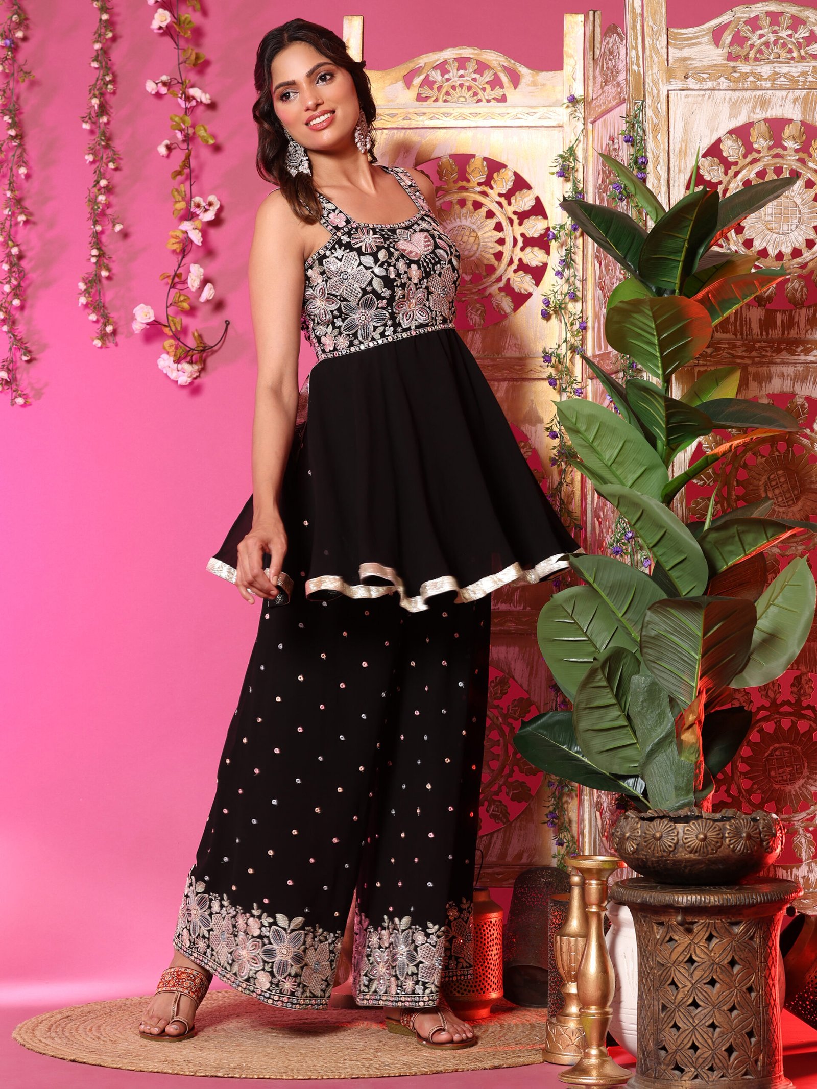 Black Embroidered Peplum Top with Palazzo Set - Image 2