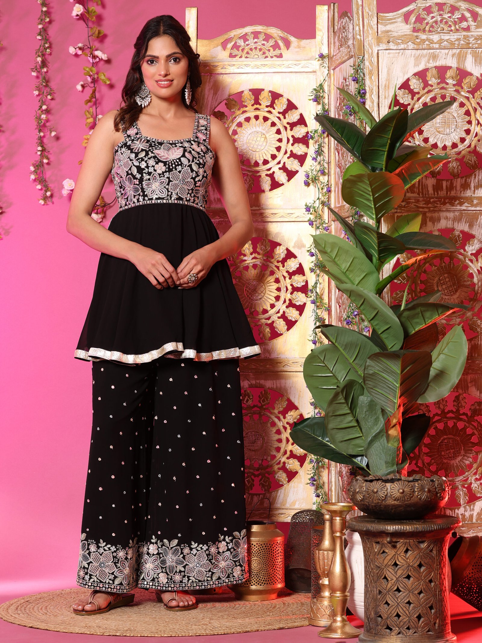 Black Embroidered Peplum Top with Palazzo Set