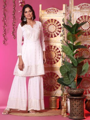 Ivory Mirror-Work Kurta Sharara Set