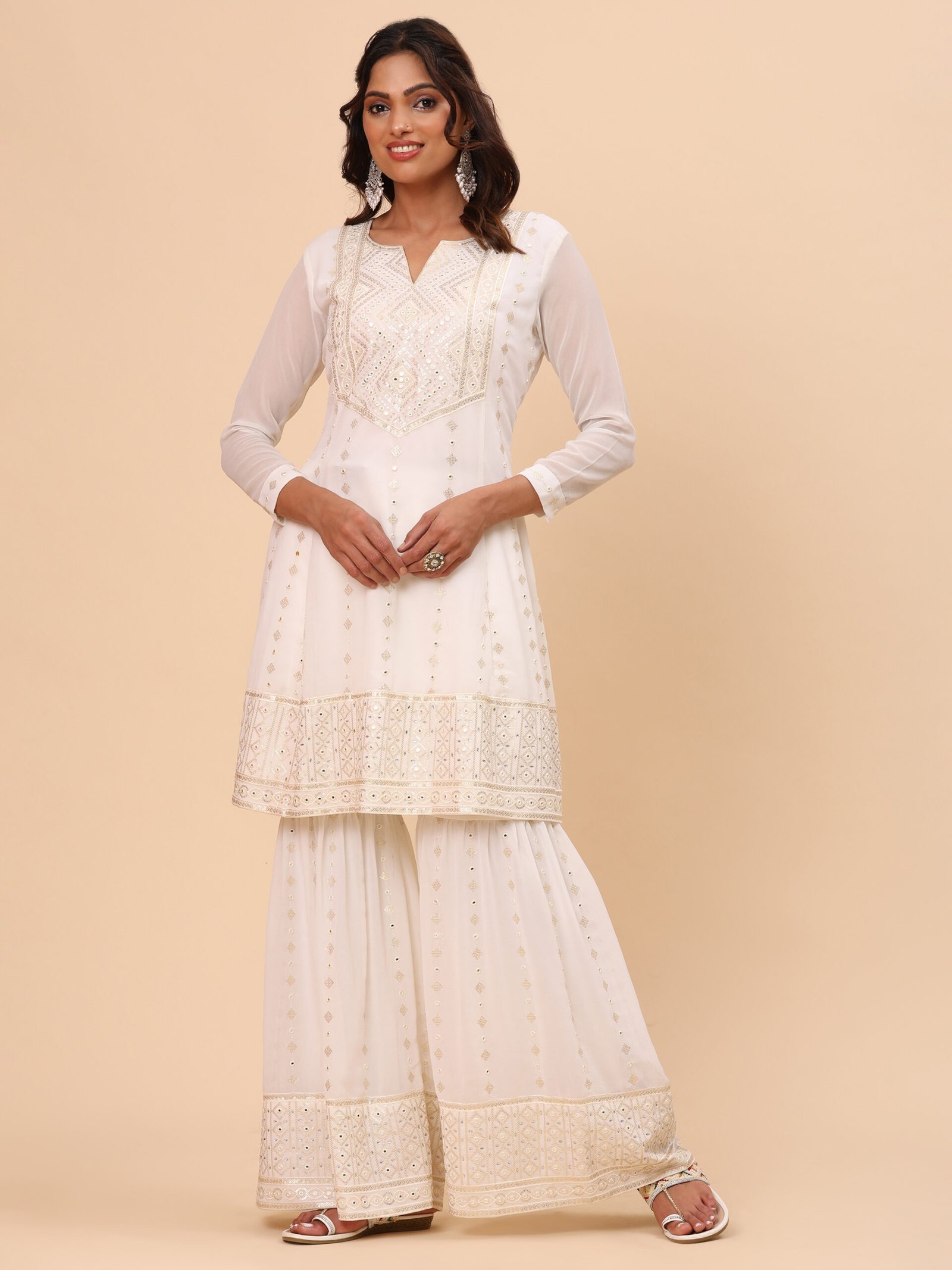 Ivory Mirror-Work Kurta Sharara Set - Image 4