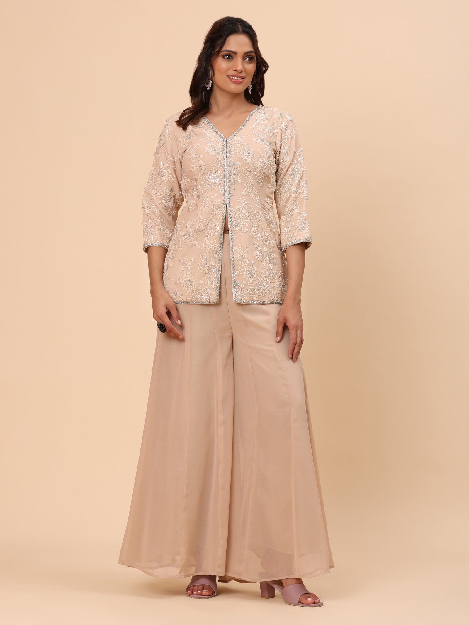Champagne Embroidered Jacket Co-ord Set - Image 5