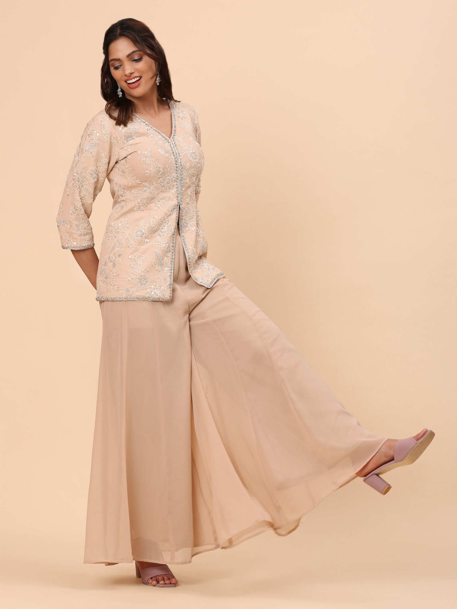 Champagne Embroidered Jacket Co-ord Set - Image 4