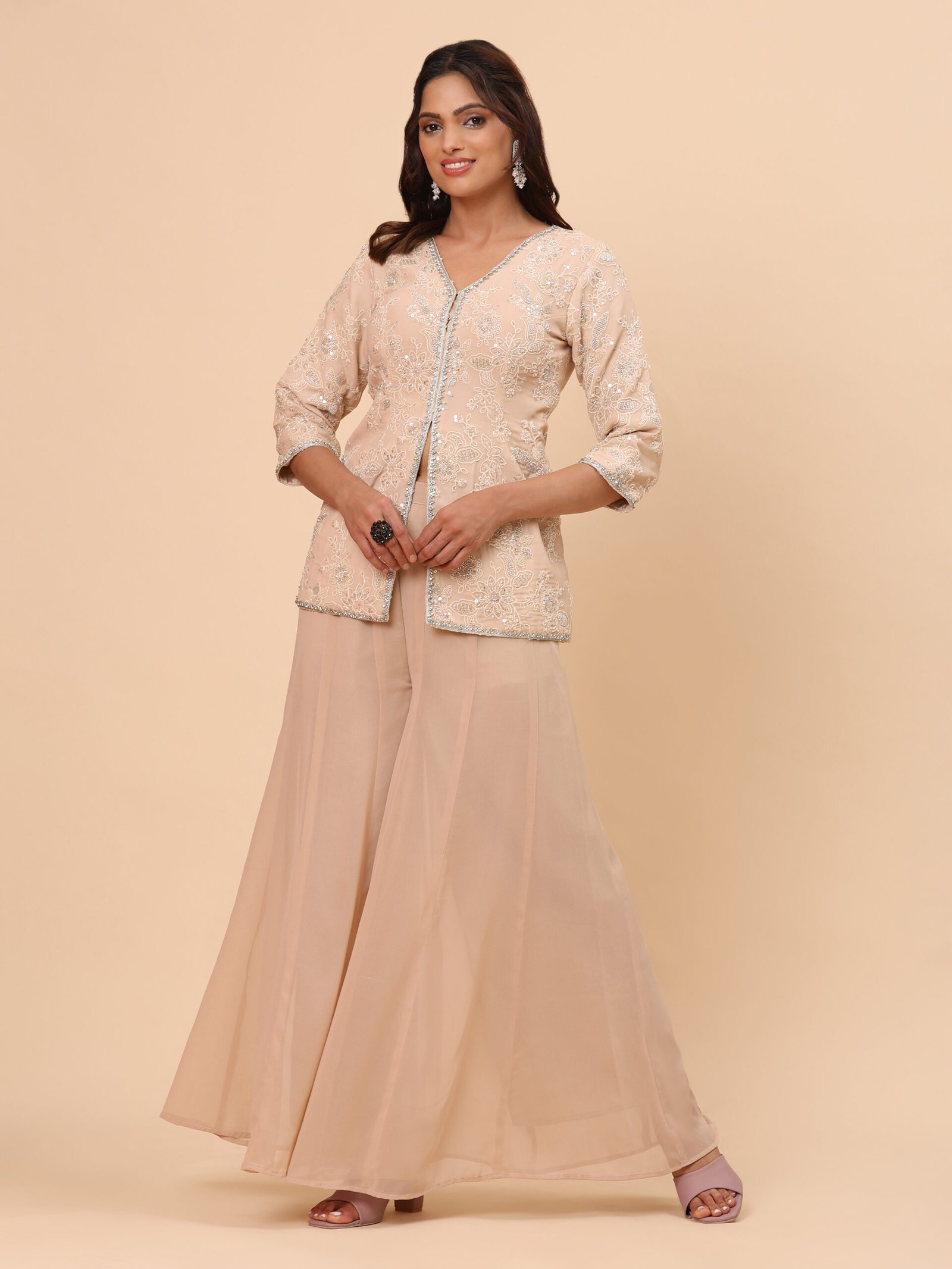 Champagne Embroidered Jacket Co-ord Set - Image 3