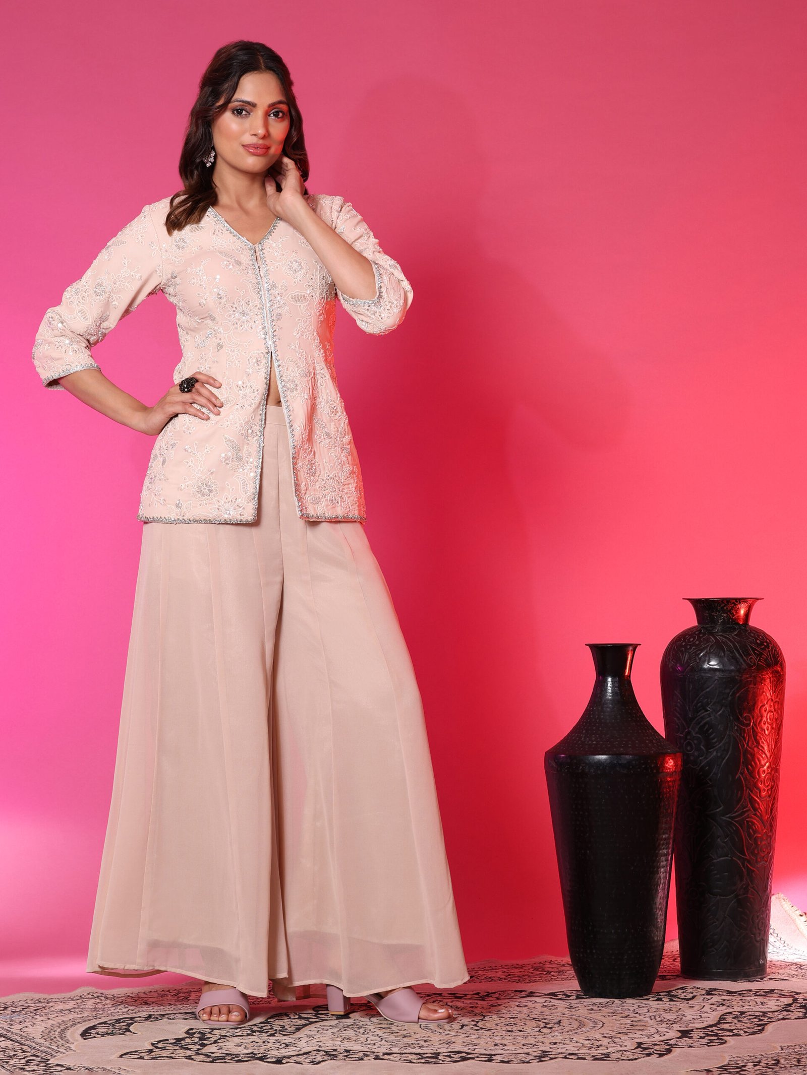 Champagne Embroidered Jacket Co-ord Set - Image 2