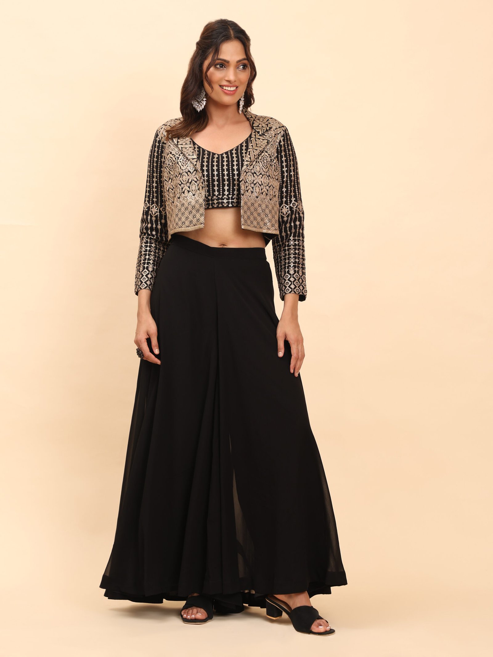 Midnight Charm Black Crop Top and Palazzo Set with Embroidered Jacket - Image 3