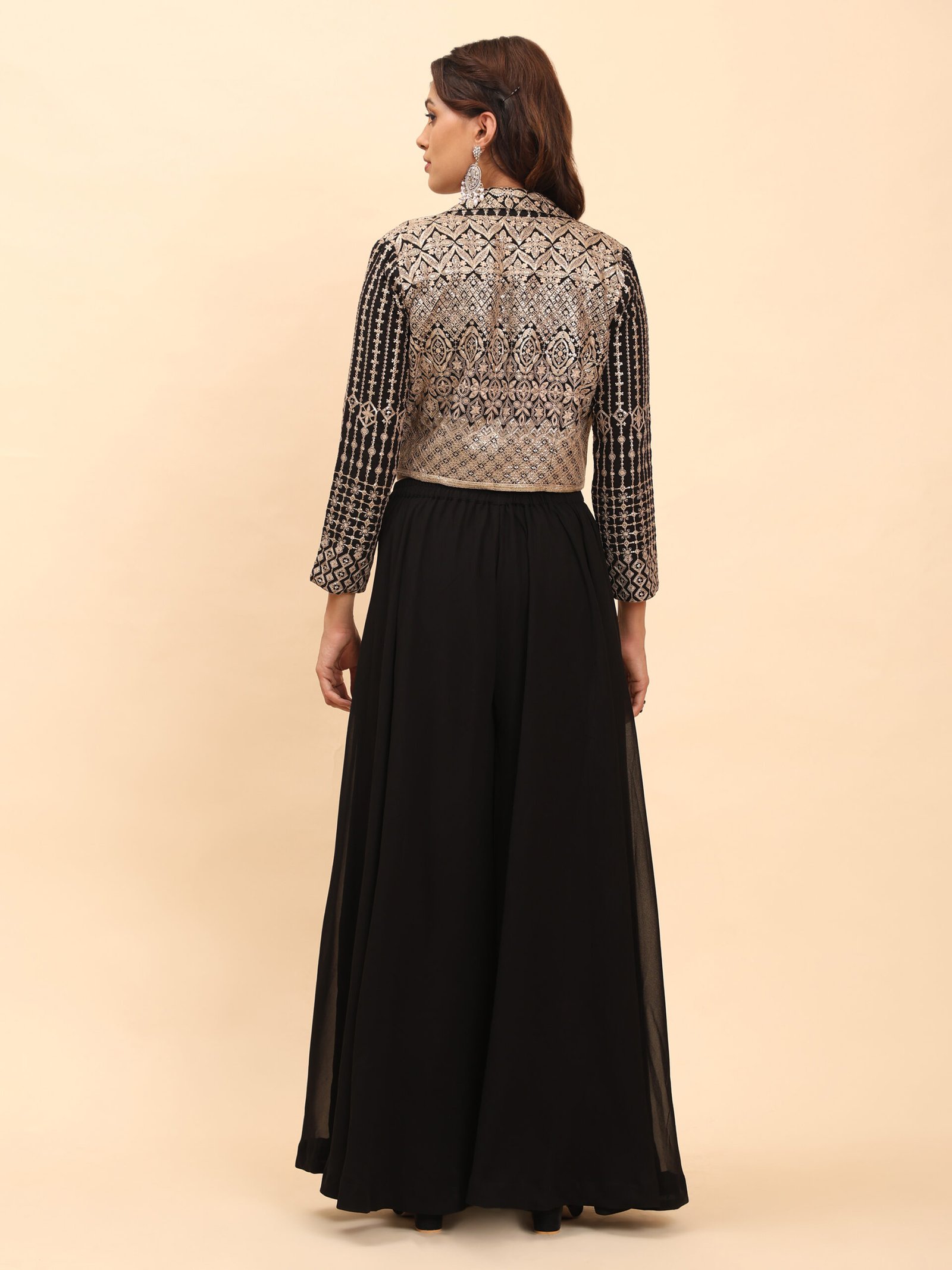 Midnight Charm Black Crop Top and Palazzo Set with Embroidered Jacket - Image 4