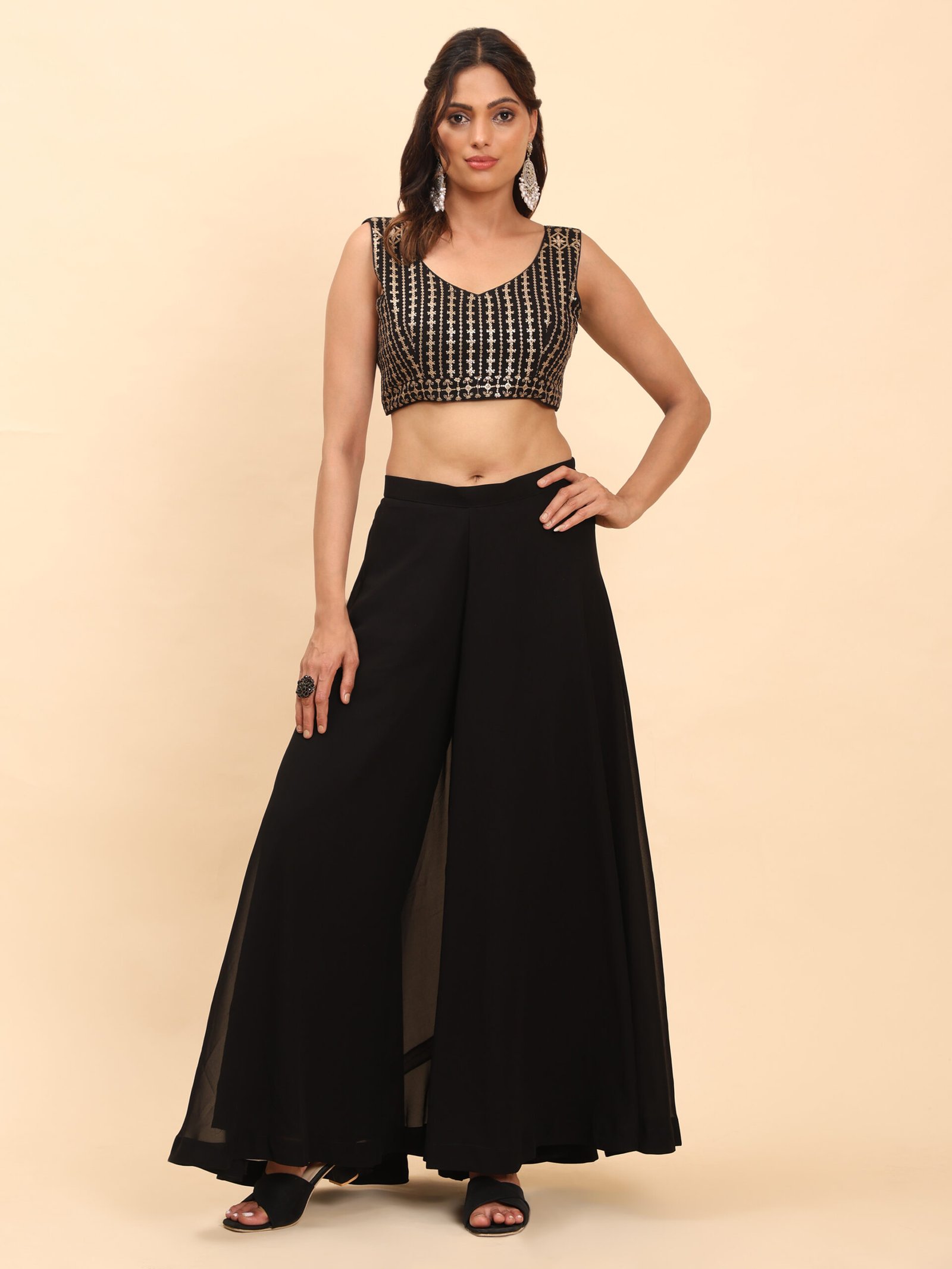 Midnight Charm Black Crop Top and Palazzo Set with Embroidered Jacket - Image 7