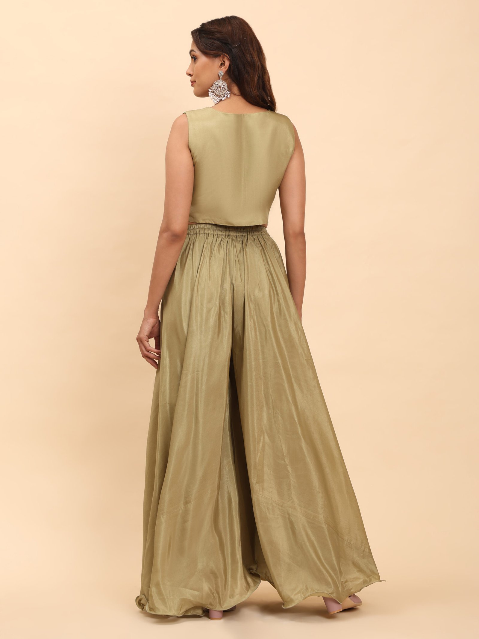 Golden Olive Printed Crop Top and Flared Palazzo Set - Image 5