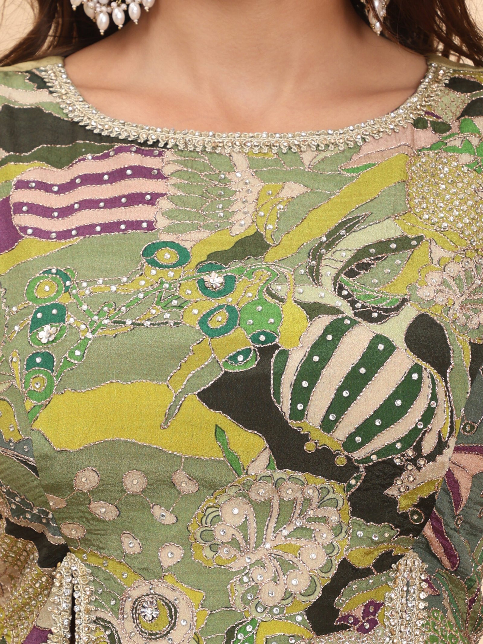 Golden Olive Printed Crop Top and Flared Palazzo Set - Image 8