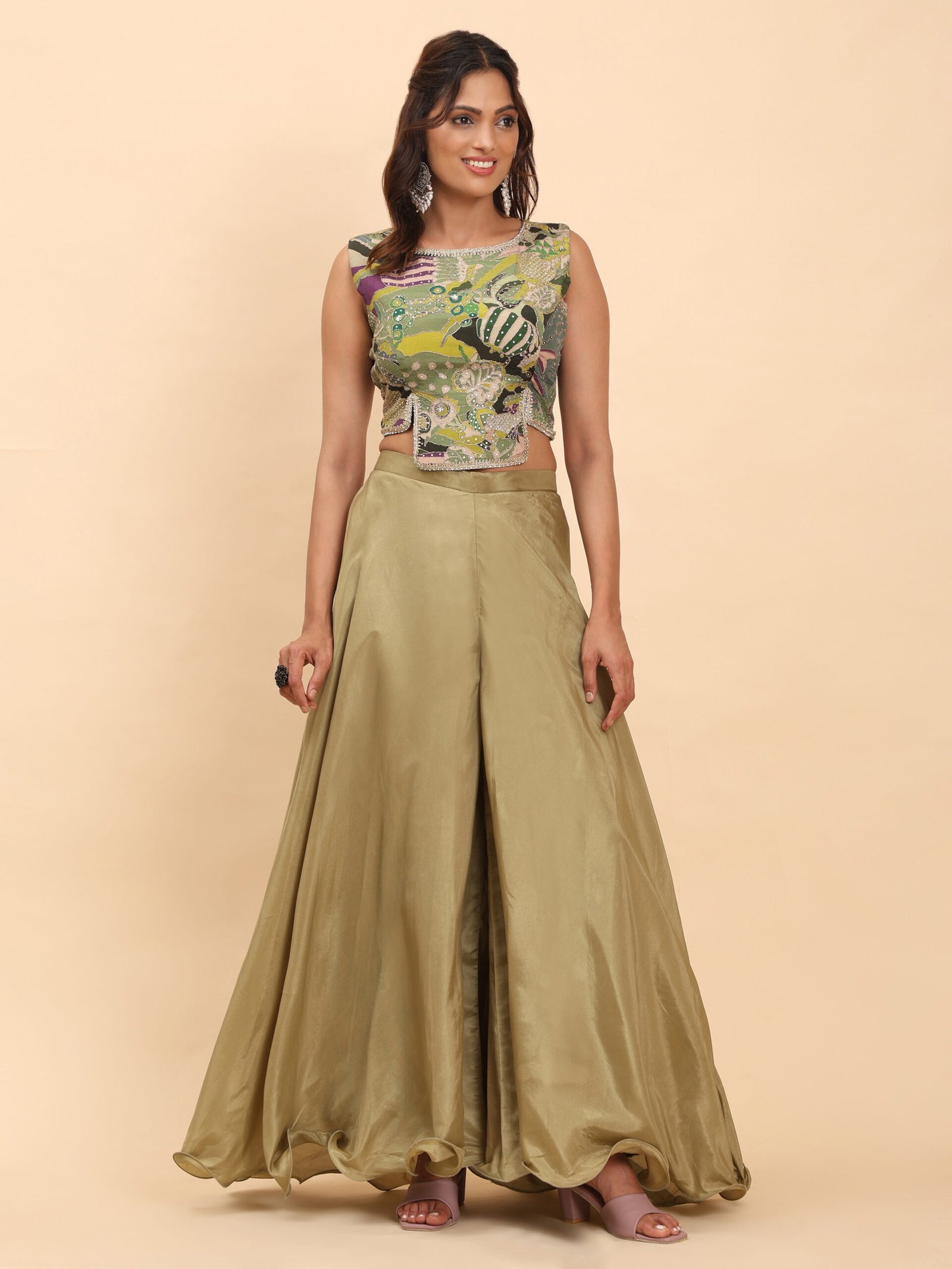 Golden Olive Printed Crop Top and Flared Palazzo Set - Image 6