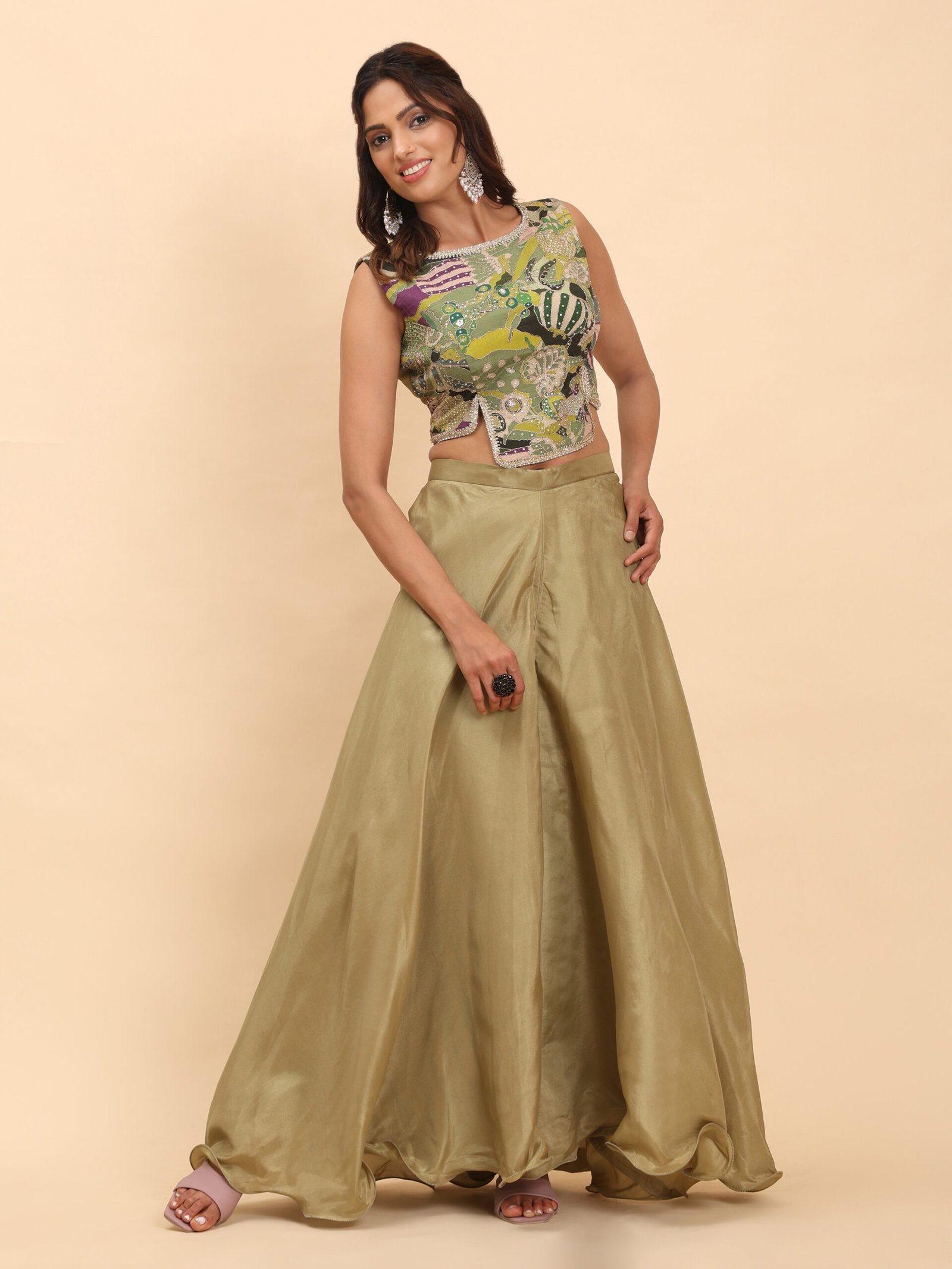 Golden Olive Printed Crop Top and Flared Palazzo Set - Image 4