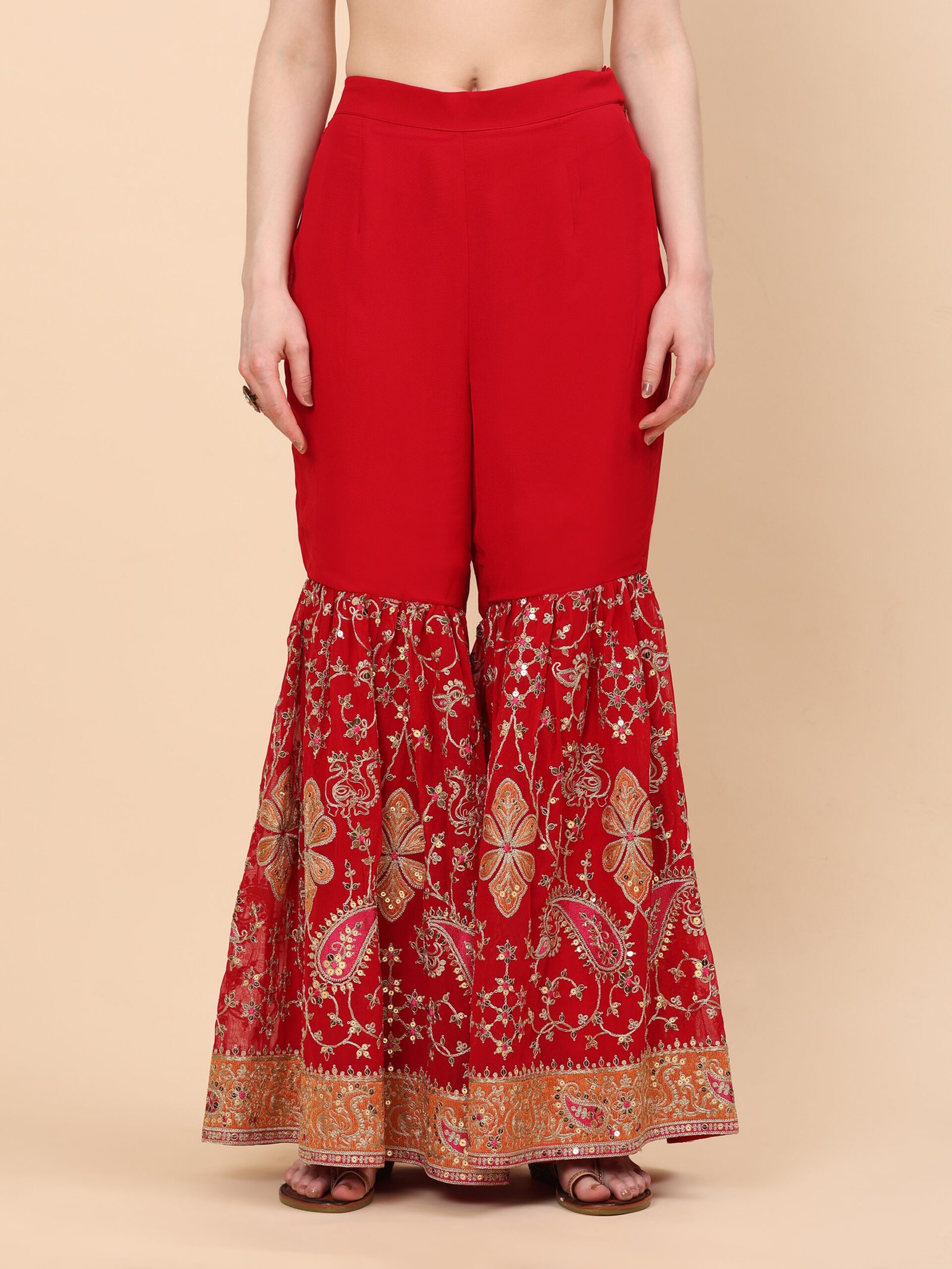 Crimson Red Embroidered Sharara Set with Dupatta - Image 7