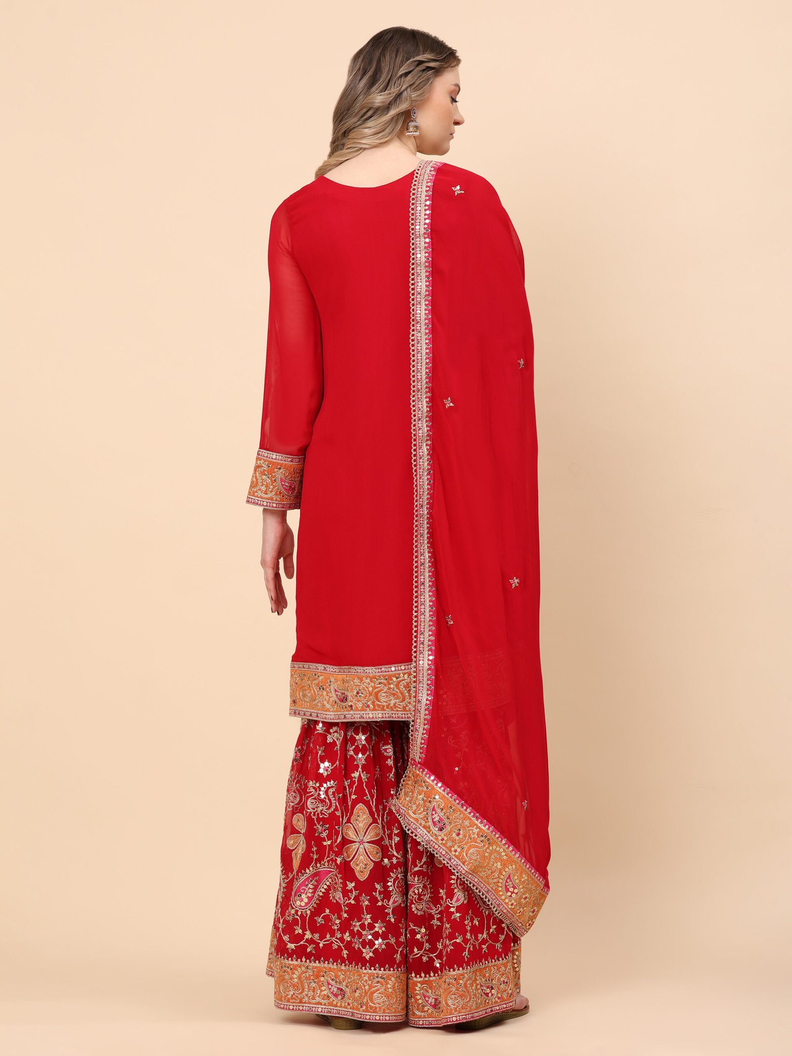 Crimson Red Embroidered Sharara Set with Dupatta - Image 4