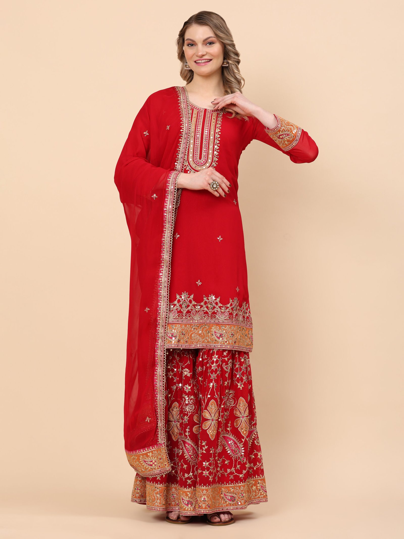 Crimson Red Embroidered Sharara Set with Dupatta - Image 5