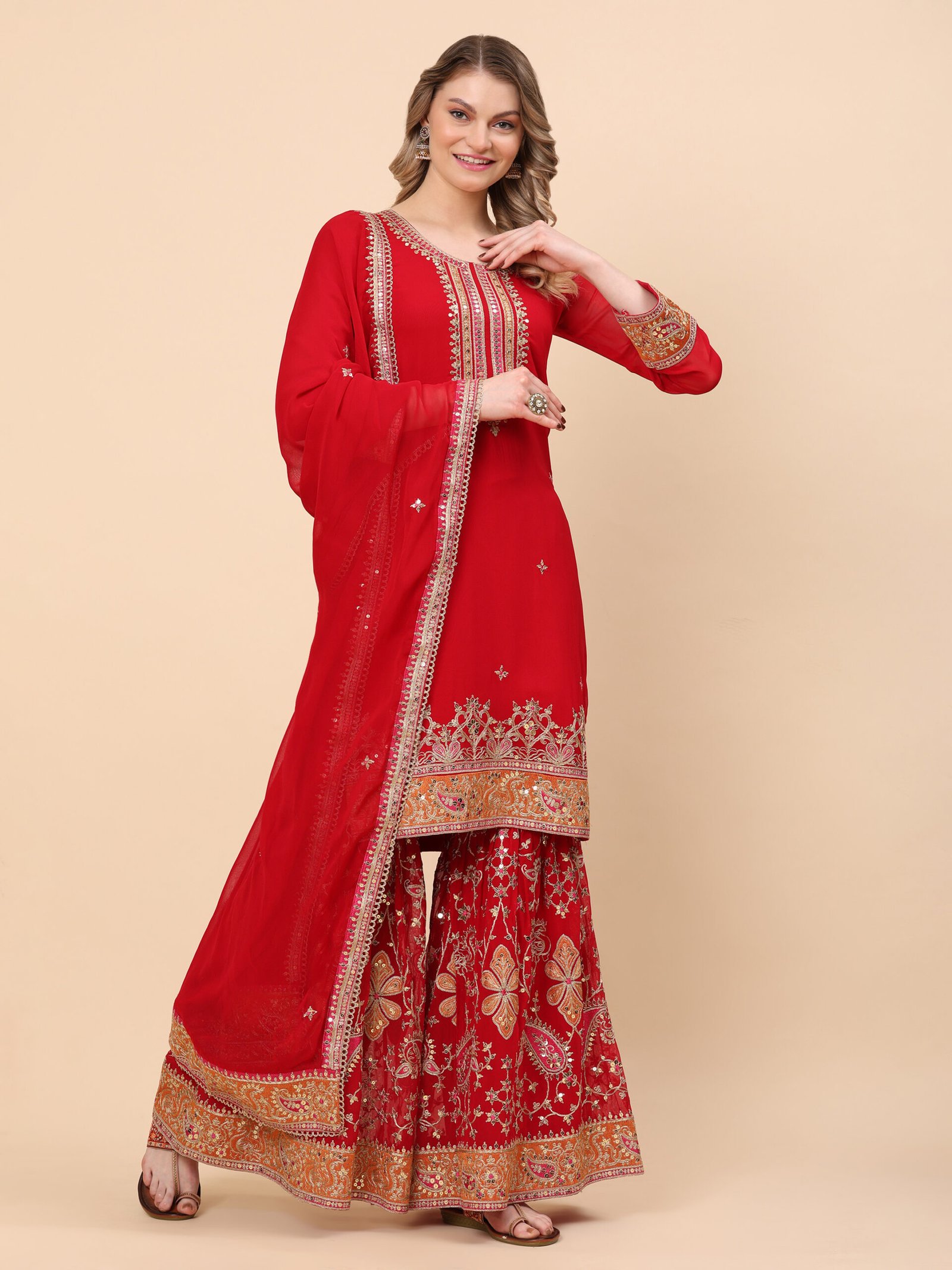 Crimson Red Embroidered Sharara Set with Dupatta - Image 2
