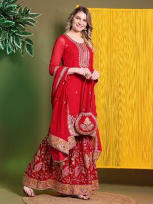 Crimson Red Embroidered Sharara Set with Dupatta