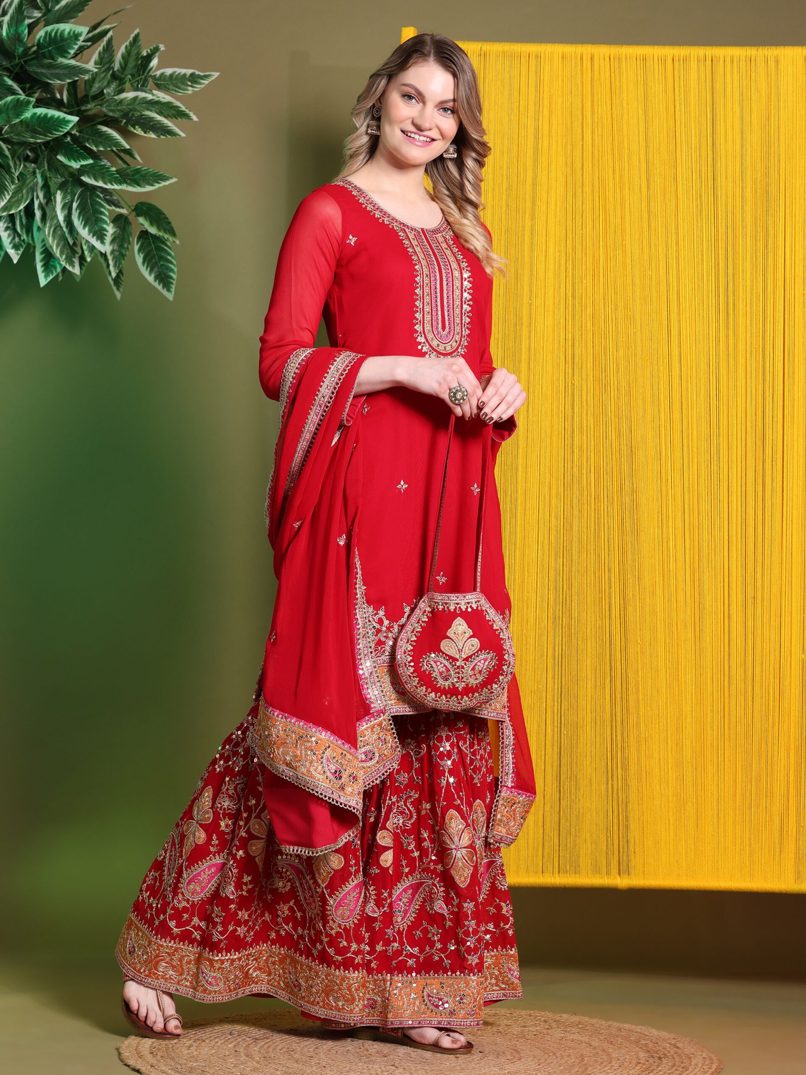 Crimson Red Embroidered Sharara Set with Dupatta