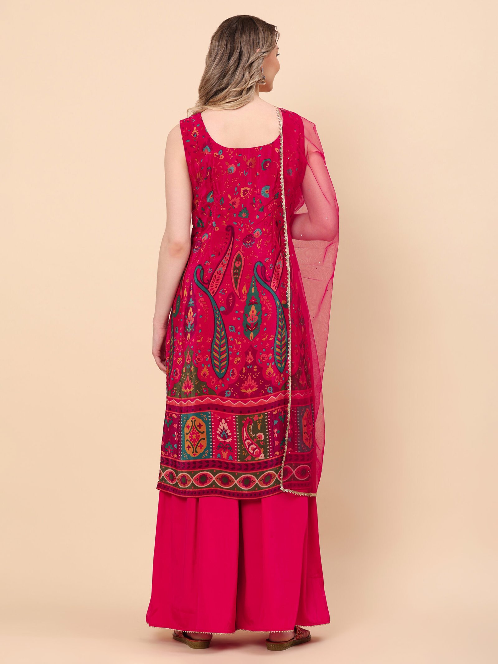 Raspberry Pink Royale Embroidered Kurta Sharara Set with Dupatta - Image 4